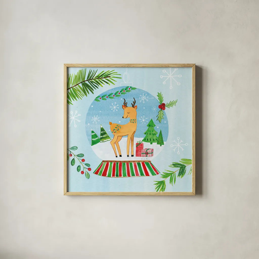 Snow Globe Animals I by Farida Zaman. Shown in a natural wood glass frame for a timeless modern aesthetic. Available as an archival giclee rolled canvas, fine art paper, or poster print. SKU 42225a.