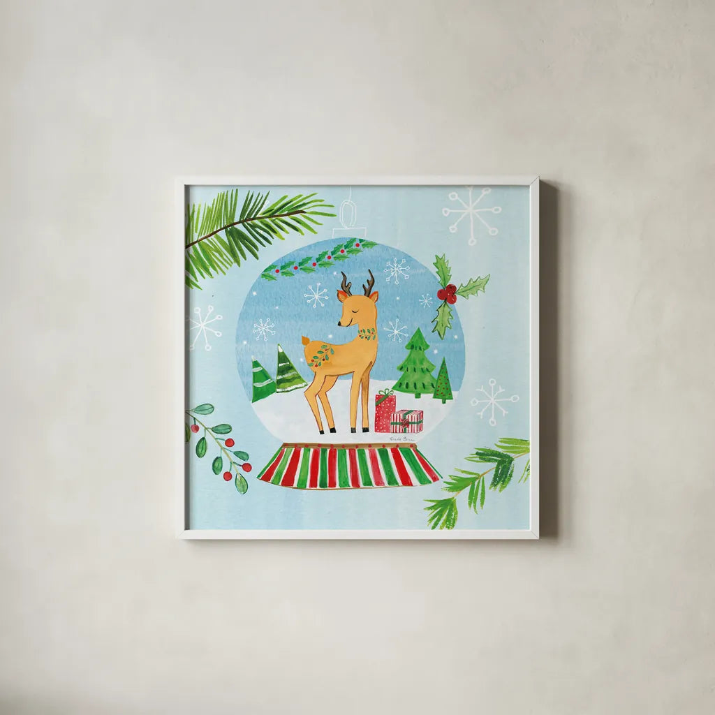 Snow Globe Animals I by Farida Zaman. Shown in a crisp white glass frame for a clean and minimalist style. Available as an archival giclee rolled canvas, fine art paper, or poster print. SKU 42225a.