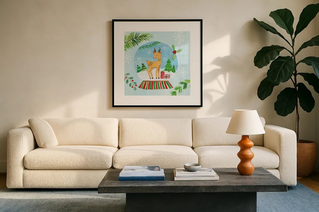 Snow Globe Animals I by Farida Zaman. Displayed in a glass frame with matte in a clean modern living room. Available as an archival giclee rolled canvas, fine art paper, or poster print. SKU 42225a.
