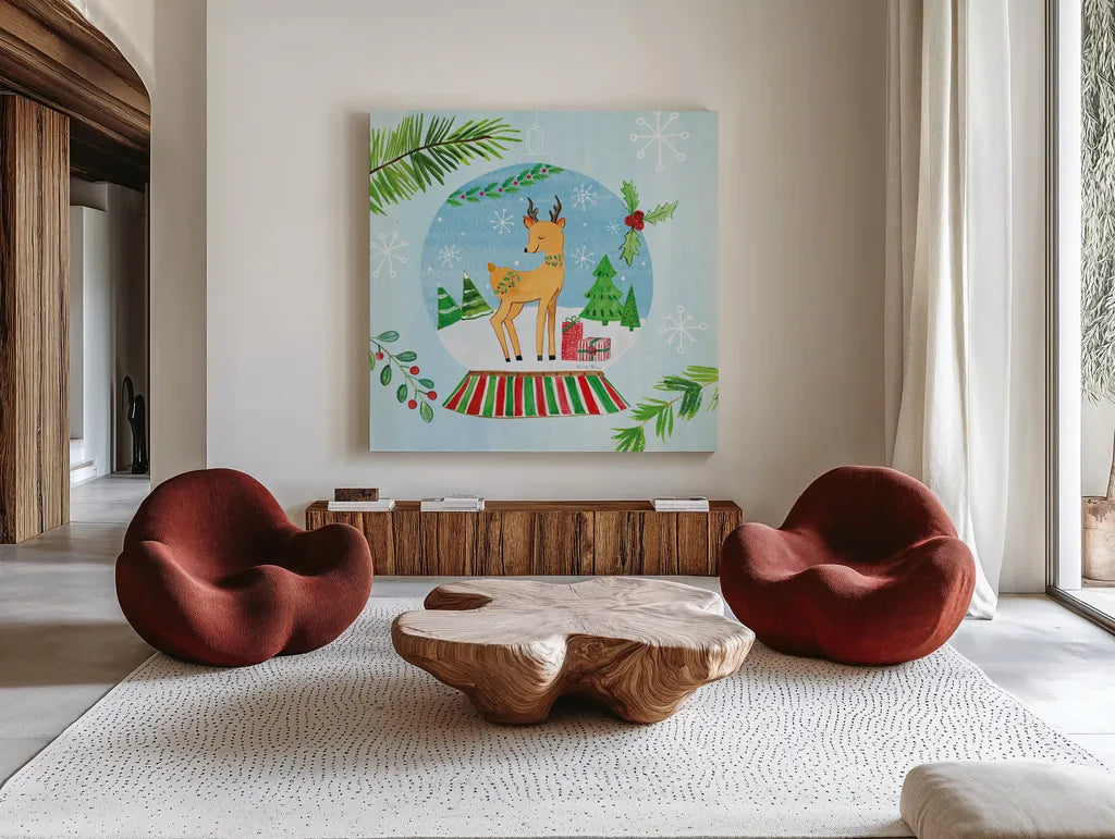 Snow Globe Animals I by Farida Zaman. Shown as extra-large giant wall art in a modern living room. Available as an archival giclee rolled canvas, fine art paper, or poster print. SKU 42225a.