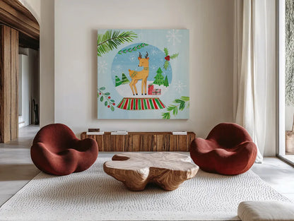Snow Globe Animals I by Farida Zaman. Shown as extra-large giant wall art in a modern living room. Available as an archival giclee rolled canvas, fine art paper, or poster print. SKU 42225a.