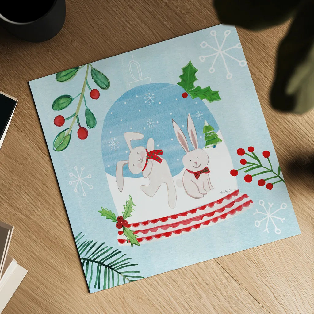 Snow Globe Animals IV by Farida Zaman. Shown as a detailed flat fine art print, highlighting archival giclee quality. Available as an archival giclee rolled canvas, fine art paper, or poster print. SKU 42228a.