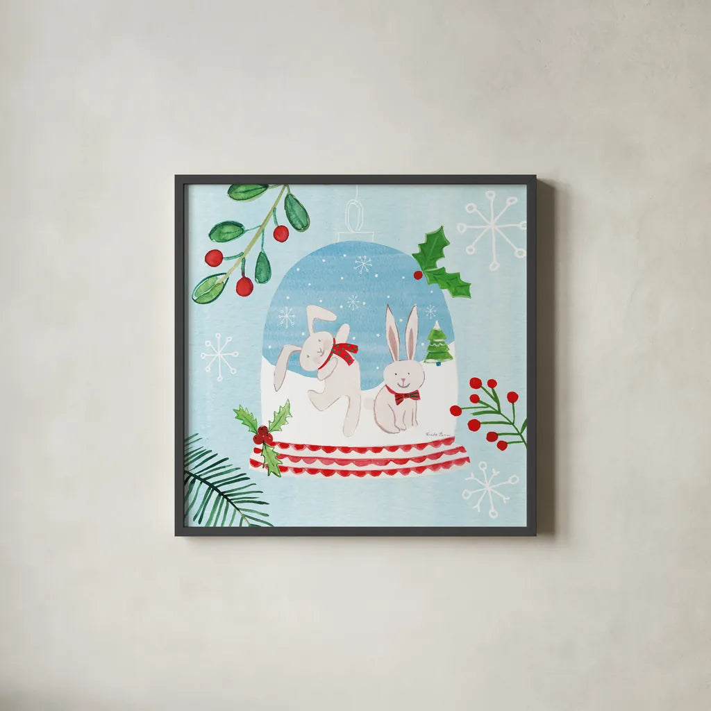 Snow Globe Animals IV by Farida Zaman. Shown in a sleek black glass frame for a contemporary gallery look. Available as an archival giclee rolled canvas, fine art paper, or poster print. SKU 42228a.