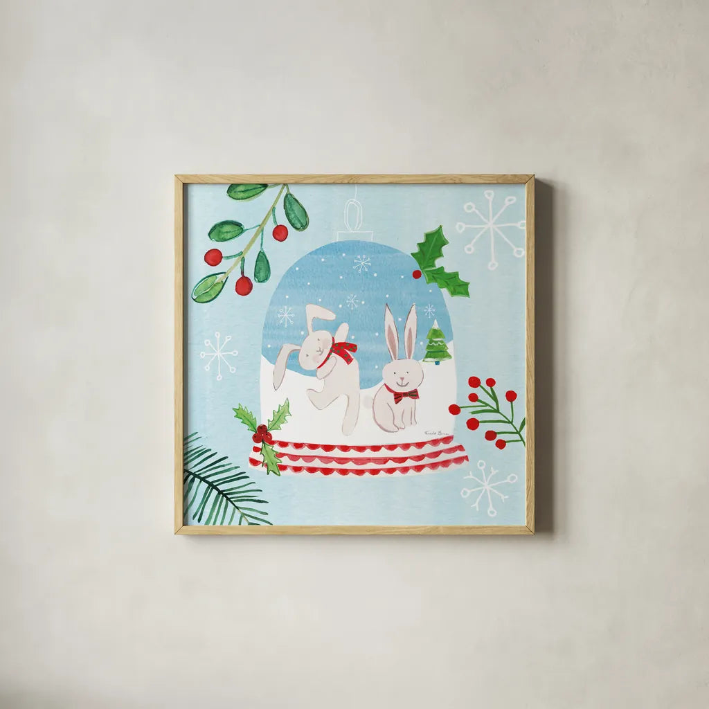 Snow Globe Animals IV by Farida Zaman. Shown in a natural wood glass frame for a timeless modern aesthetic. Available as an archival giclee rolled canvas, fine art paper, or poster print. SKU 42228a.