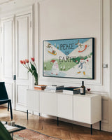 Snowman Snowday I by Farida Zaman. shown as a framed stretched canvas in a living room above a console. Available as a archival giclee rolled canvas, fine art paper, or poster print. SKU 73376i.