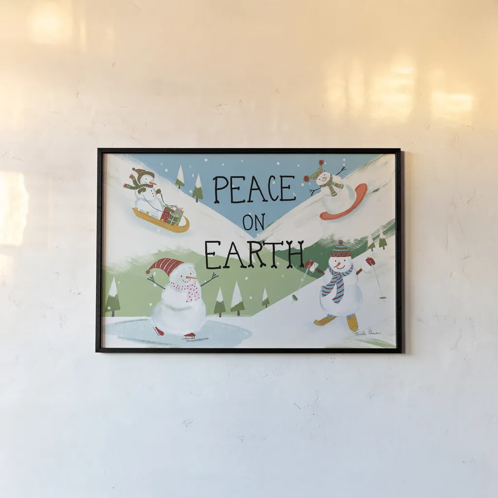 Snowman Snowday I by Farida Zaman. shown as a paper print in a black flame. Available as a archival giclee rolled canvas, fine art paper, or poster print. SKU 73376i.