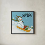 Snowman Snowday II by Farida Zaman. Shown in a sleek black glass frame for a contemporary gallery look. Available as an archival giclee rolled canvas, fine art paper, or poster print. SKU 73377a.