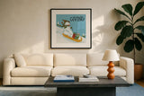 Snowman Snowday II by Farida Zaman. Displayed in a glass frame with matte in a clean modern living room. Available as an archival giclee rolled canvas, fine art paper, or poster print. SKU 73377a.