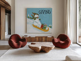 Snowman Snowday II by Farida Zaman. Shown as extra-large giant wall art in a modern living room. Available as an archival giclee rolled canvas, fine art paper, or poster print. SKU 73377a.