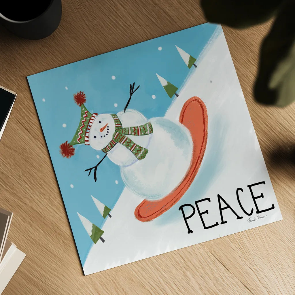 Snowman Snowday III by Farida Zaman. Shown as a detailed flat fine art print, highlighting archival giclee quality. Available as an archival giclee rolled canvas, fine art paper, or poster print. SKU 73378a.