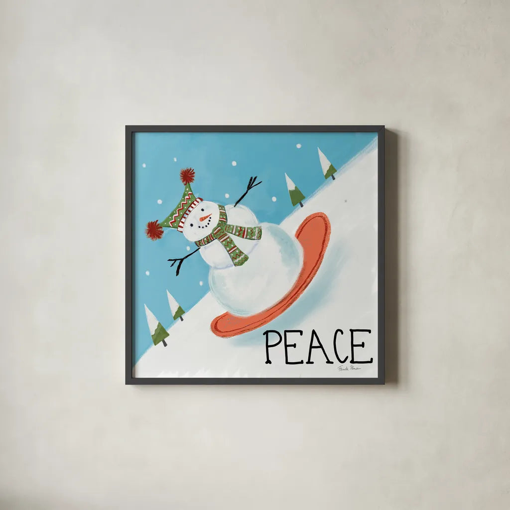 Snowman Snowday III by Farida Zaman. Shown in a sleek black glass frame for a contemporary gallery look. Available as an archival giclee rolled canvas, fine art paper, or poster print. SKU 73378a.