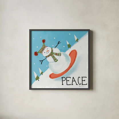 Snowman Snowday III by Farida Zaman. Shown in a sleek black glass frame for a contemporary gallery look. Available as an archival giclee rolled canvas, fine art paper, or poster print. SKU 73378a.