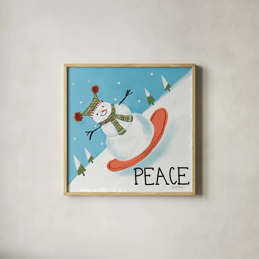 Snowman Snowday III by Farida Zaman. Shown in a natural wood glass frame for a timeless modern aesthetic. Available as an archival giclee rolled canvas, fine art paper, or poster print. SKU 73378a.