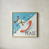 Snowman Snowday III by Farida Zaman. Shown in a natural wood glass frame for a timeless modern aesthetic. Available as an archival giclee rolled canvas, fine art paper, or poster print. SKU 73378a.