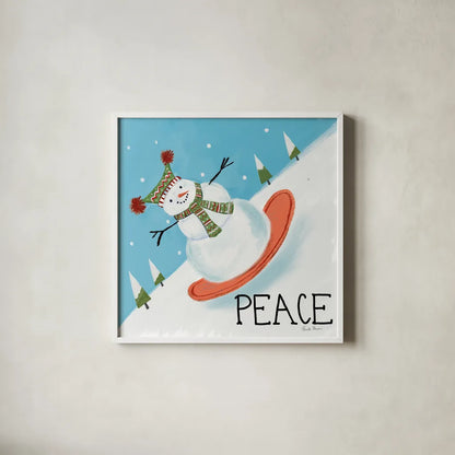 Snowman Snowday III by Farida Zaman. Shown in a crisp white glass frame for a clean and minimalist style. Available as an archival giclee rolled canvas, fine art paper, or poster print. SKU 73378a.