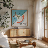 Snowman Snowday III by Farida Zaman. Shown in a natural wood frame in a cozy modern living room. Available as an archival giclee rolled canvas, fine art paper, or poster print. SKU 73378a.
