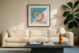 Snowman Snowday III by Farida Zaman. Displayed in a glass frame with matte in a clean modern living room. Available as an archival giclee rolled canvas, fine art paper, or poster print. SKU 73378a.