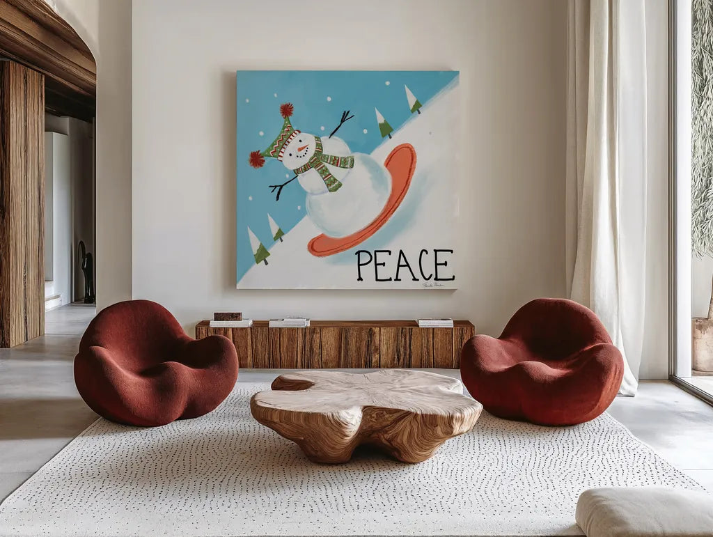 Snowman Snowday III by Farida Zaman. Shown as extra-large giant wall art in a modern living room. Available as an archival giclee rolled canvas, fine art paper, or poster print. SKU 73378a.