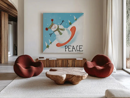 Snowman Snowday III by Farida Zaman. Shown as extra-large giant wall art in a modern living room. Available as an archival giclee rolled canvas, fine art paper, or poster print. SKU 73378a.