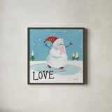 Snowman Snowday IV by Farida Zaman. Shown in a sleek black glass frame for a contemporary gallery look. Available as an archival giclee rolled canvas, fine art paper, or poster print. SKU 73379a.