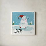 Snowman Snowday IV by Farida Zaman. Shown in a crisp white glass frame for a clean and minimalist style. Available as an archival giclee rolled canvas, fine art paper, or poster print. SKU 73379a.