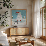 Snowman Snowday IV by Farida Zaman. Shown in a natural wood frame in a cozy modern living room. Available as an archival giclee rolled canvas, fine art paper, or poster print. SKU 73379a.