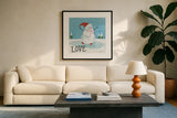 Snowman Snowday IV by Farida Zaman. Displayed in a glass frame with matte in a clean modern living room. Available as an archival giclee rolled canvas, fine art paper, or poster print. SKU 73379a.