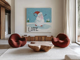 Snowman Snowday IV by Farida Zaman. Shown as extra-large giant wall art in a modern living room. Available as an archival giclee rolled canvas, fine art paper, or poster print. SKU 73379a.