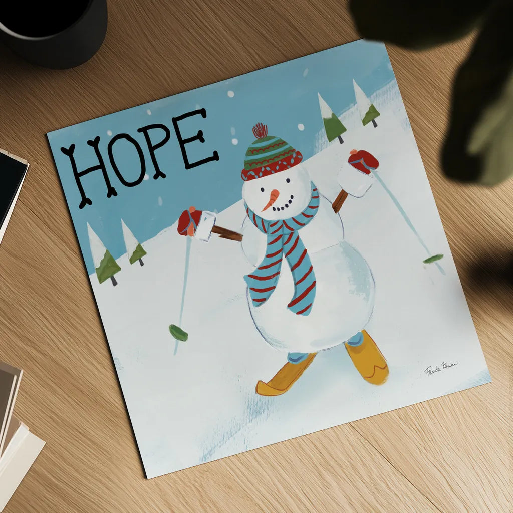 Snowman Snowday V by Farida Zaman. Shown as a detailed flat fine art print, highlighting archival giclee quality. Available as an archival giclee rolled canvas, fine art paper, or poster print. SKU 73380a.