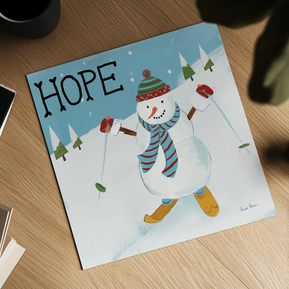 Snowman Snowday V by Farida Zaman. Shown as a detailed flat fine art print, highlighting archival giclee quality. Available as an archival giclee rolled canvas, fine art paper, or poster print. SKU 73380a.