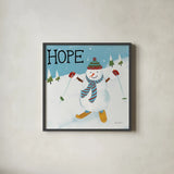 Snowman Snowday V by Farida Zaman. Shown in a sleek black glass frame for a contemporary gallery look. Available as an archival giclee rolled canvas, fine art paper, or poster print. SKU 73380a.