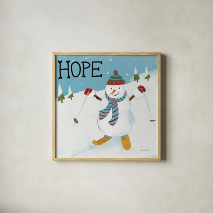 Snowman Snowday V by Farida Zaman. Shown in a natural wood glass frame for a timeless modern aesthetic. Available as an archival giclee rolled canvas, fine art paper, or poster print. SKU 73380a.