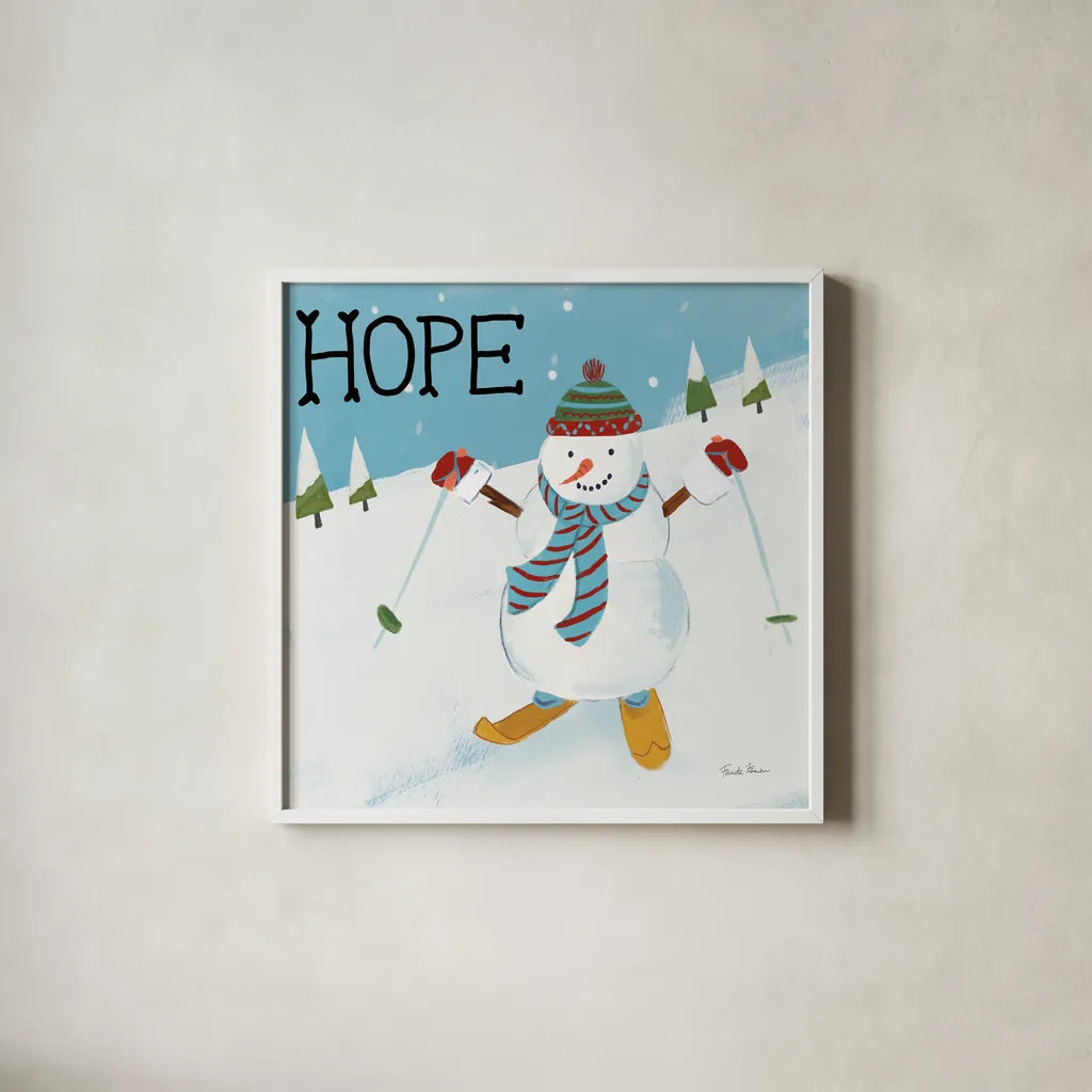 Snowman Snowday V by Farida Zaman. Shown in a crisp white glass frame for a clean and minimalist style. Available as an archival giclee rolled canvas, fine art paper, or poster print. SKU 73380a.