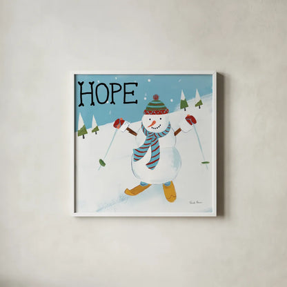 Snowman Snowday V by Farida Zaman. Shown in a crisp white glass frame for a clean and minimalist style. Available as an archival giclee rolled canvas, fine art paper, or poster print. SKU 73380a.