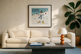 Snowman Snowday V by Farida Zaman. Displayed in a glass frame with matte in a clean modern living room. Available as an archival giclee rolled canvas, fine art paper, or poster print. SKU 73380a.