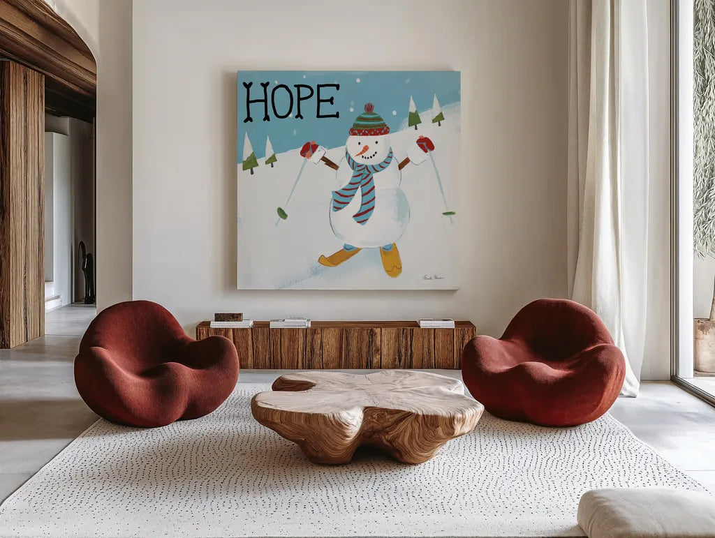 Snowman Snowday V by Farida Zaman. Shown as extra-large giant wall art in a modern living room. Available as an archival giclee rolled canvas, fine art paper, or poster print. SKU 73380a.