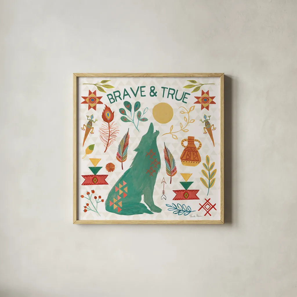 Southwest Vibes II by Farida Zaman. Shown in a natural wood glass frame for a timeless modern aesthetic. Available as an archival giclee rolled canvas, fine art paper, or poster print. SKU 64512a.