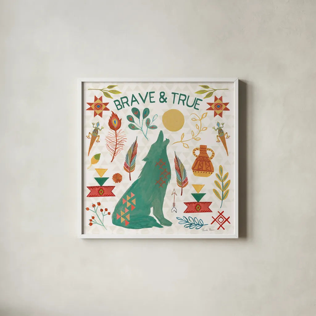 Southwest Vibes II by Farida Zaman. Shown in a crisp white glass frame for a clean and minimalist style. Available as an archival giclee rolled canvas, fine art paper, or poster print. SKU 64512a.