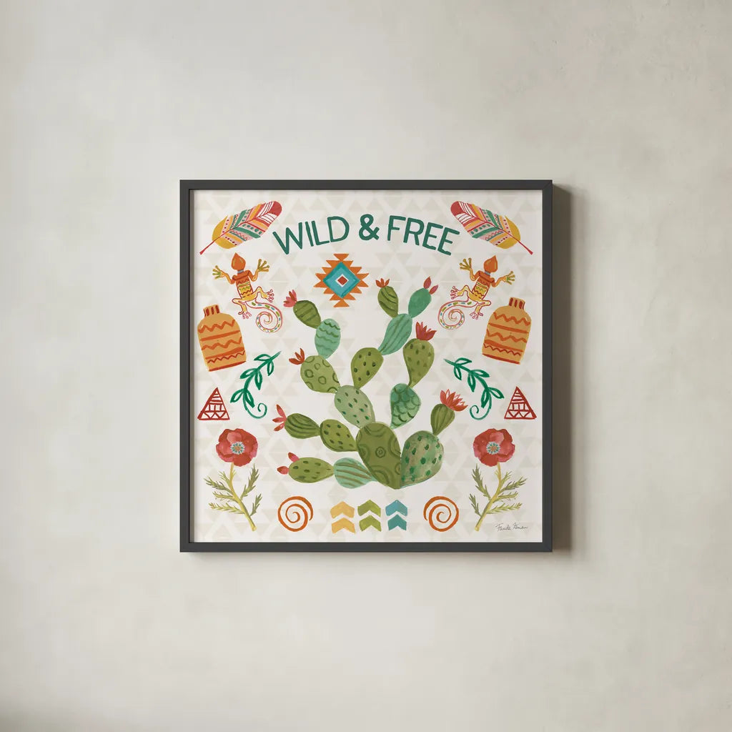 Southwest Vibes III by Farida Zaman. Shown in a sleek black glass frame for a contemporary gallery look. Available as an archival giclee rolled canvas, fine art paper, or poster print. SKU 64513a.