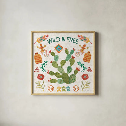 Southwest Vibes III by Farida Zaman. Shown in a natural wood glass frame for a timeless modern aesthetic. Available as an archival giclee rolled canvas, fine art paper, or poster print. SKU 64513a.