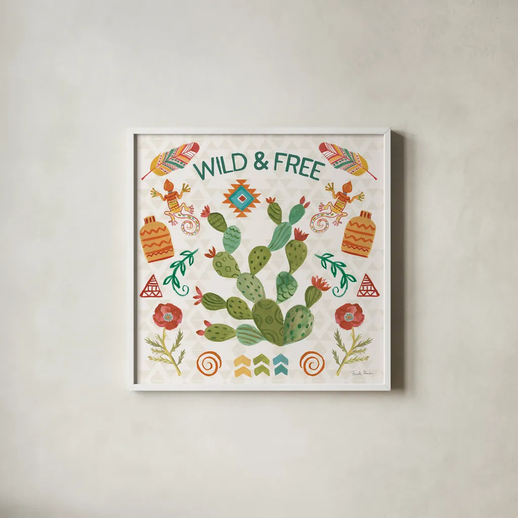 Southwest Vibes III by Farida Zaman. Shown in a crisp white glass frame for a clean and minimalist style. Available as an archival giclee rolled canvas, fine art paper, or poster print. SKU 64513a.