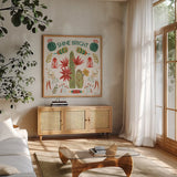 Southwest Vibes IV by Farida Zaman. Shown in a natural wood frame in a cozy modern living room. Available as an archival giclee rolled canvas, fine art paper, or poster print. SKU 64514a.