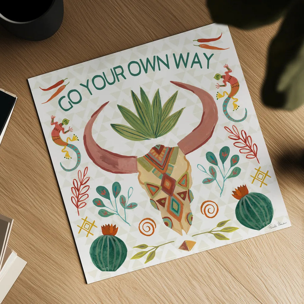 Southwest Vibes V by Farida Zaman. Shown as a detailed flat fine art print, highlighting archival giclee quality. Available as an archival giclee rolled canvas, fine art paper, or poster print. SKU 64515a.