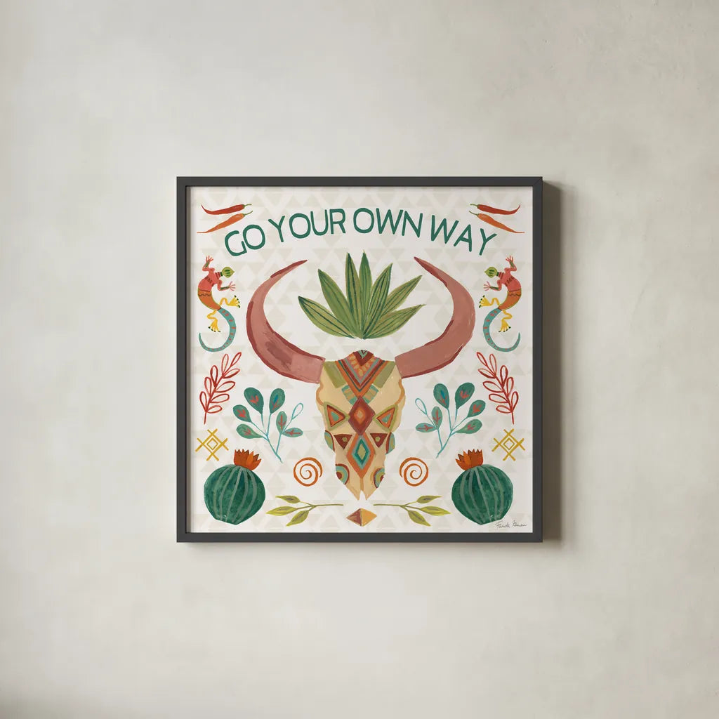 Southwest Vibes V by Farida Zaman. Shown in a sleek black glass frame for a contemporary gallery look. Available as an archival giclee rolled canvas, fine art paper, or poster print. SKU 64515a.