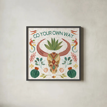 Southwest Vibes V by Farida Zaman. Shown in a sleek black glass frame for a contemporary gallery look. Available as an archival giclee rolled canvas, fine art paper, or poster print. SKU 64515a.