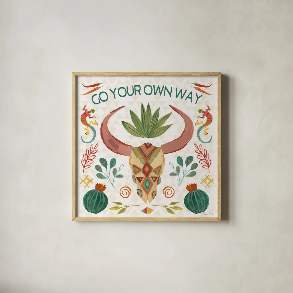 Southwest Vibes V by Farida Zaman. Shown in a natural wood glass frame for a timeless modern aesthetic. Available as an archival giclee rolled canvas, fine art paper, or poster print. SKU 64515a.