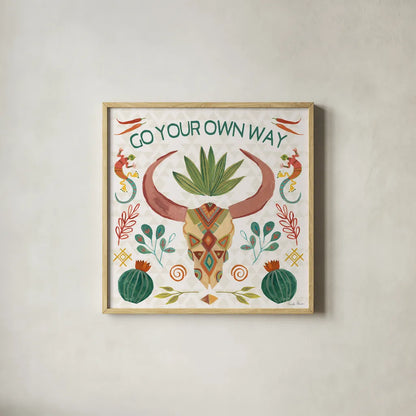 Southwest Vibes V by Farida Zaman. Shown in a natural wood glass frame for a timeless modern aesthetic. Available as an archival giclee rolled canvas, fine art paper, or poster print. SKU 64515a.