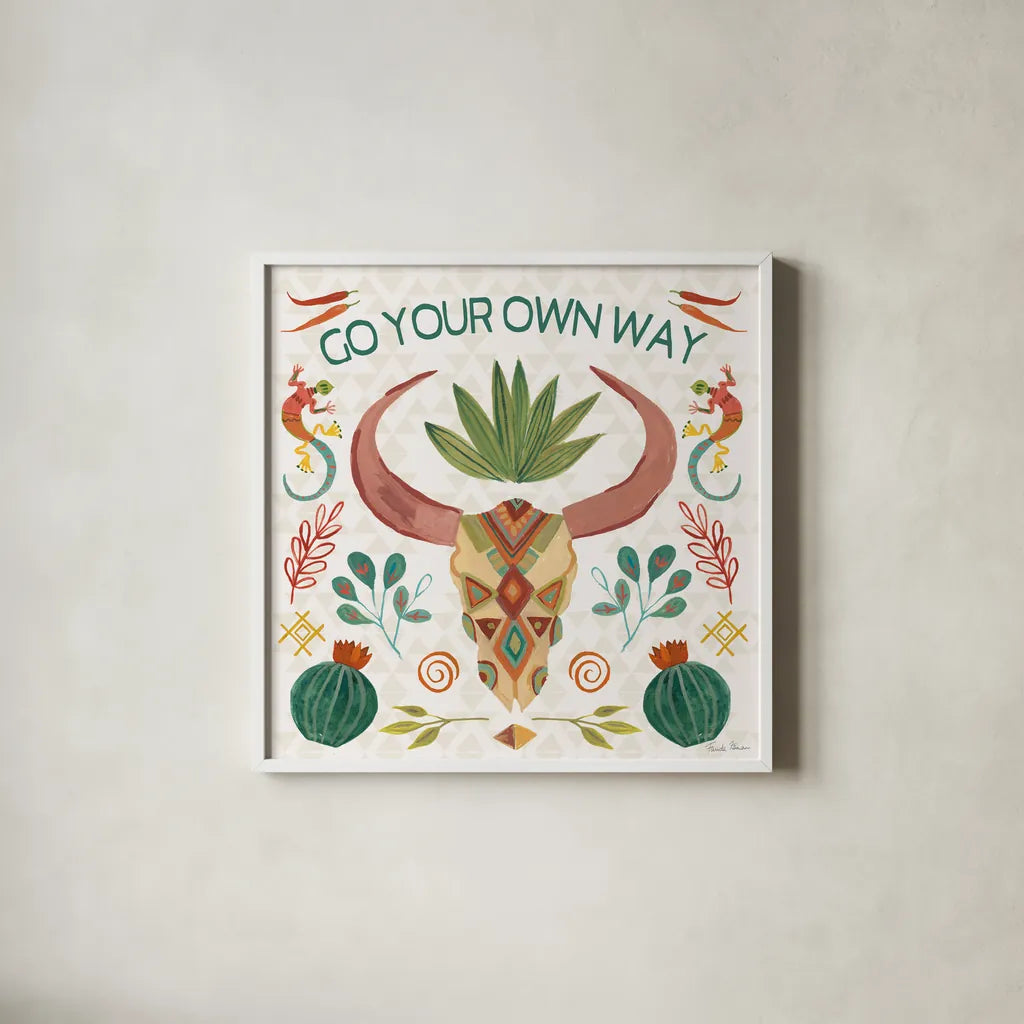 Southwest Vibes V by Farida Zaman. Shown in a crisp white glass frame for a clean and minimalist style. Available as an archival giclee rolled canvas, fine art paper, or poster print. SKU 64515a.