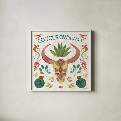 Southwest Vibes V by Farida Zaman. Shown in a crisp white glass frame for a clean and minimalist style. Available as an archival giclee rolled canvas, fine art paper, or poster print. SKU 64515a.