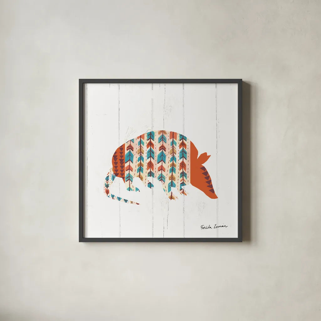 Southwestern Vibes I by Farida Zaman. Shown in a sleek black glass frame for a contemporary gallery look. Available as an archival giclee rolled canvas, fine art paper, or poster print. SKU 36360a.